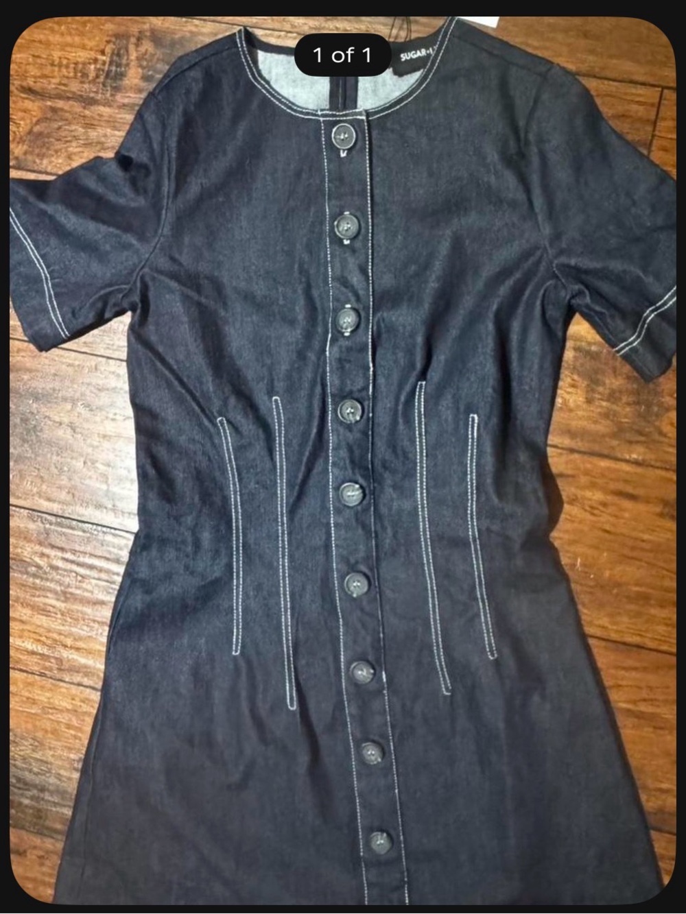 Sugar Dark Blue Denim Button-Front Dress with White Stitching